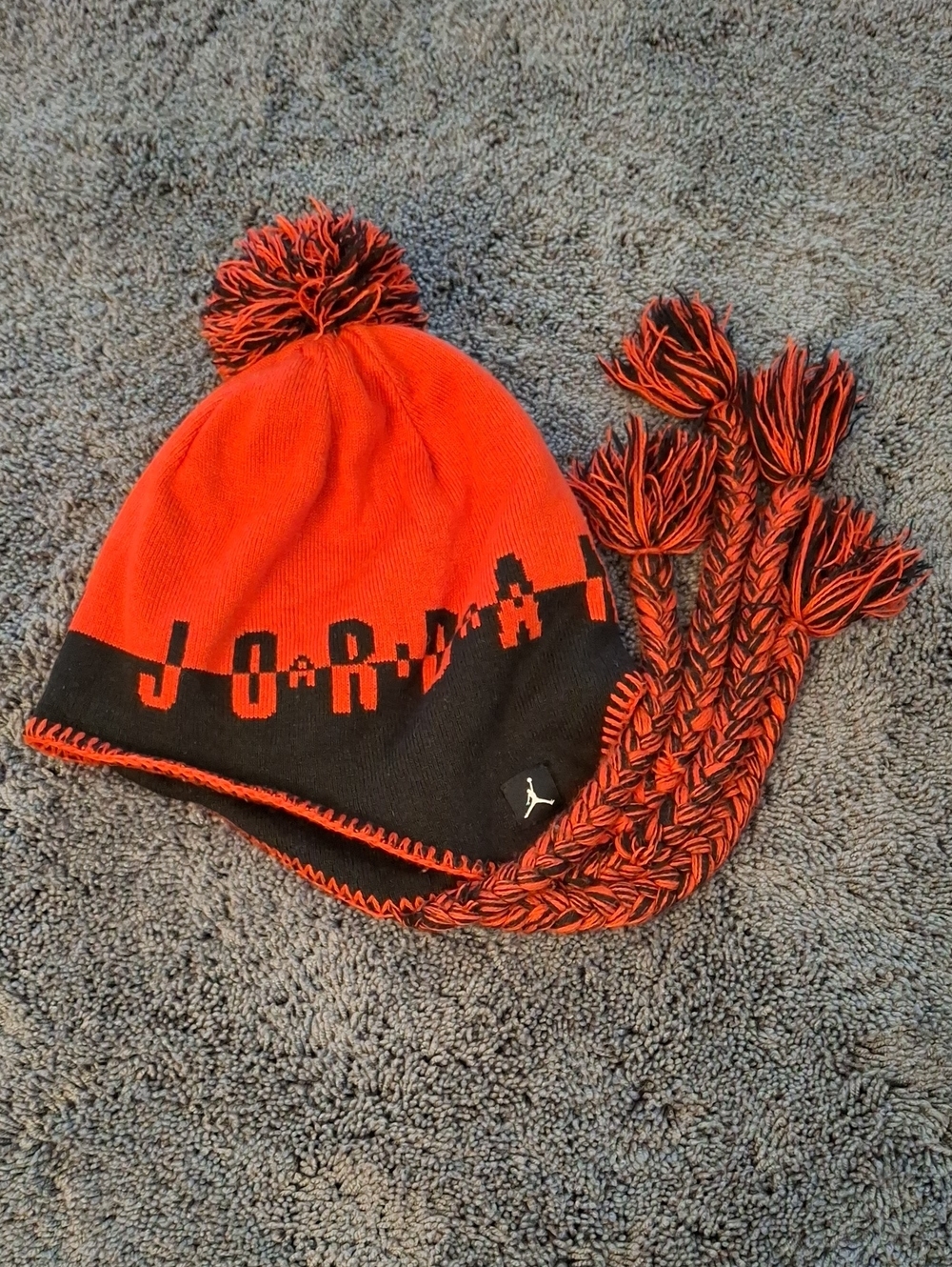Jordan Kids Red-Black Pom Pom Earflap Beanie Toque Winter Hat